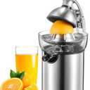 QCen Electric Citrus Juicer Squeezer, Electric Juicer for Orange, Lemon and Limes with Rubber Handle and Two Size Cones, Anti-Drip Spout, Easy to Clean and Use, BPA Free, Black/Stainless Steel
