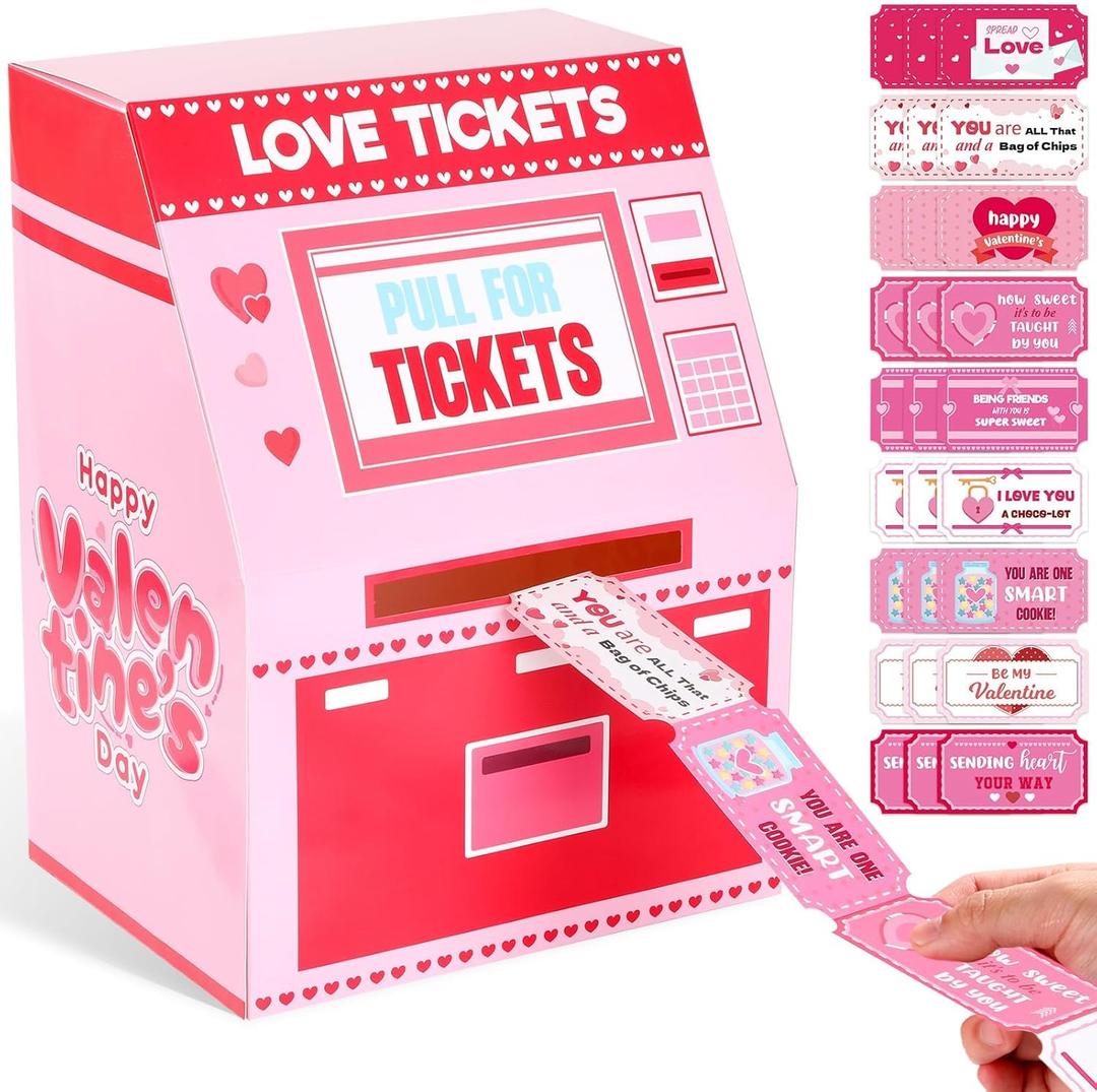 2 x Valentine Boxes for Kids Valentines Day Cards for Kids Love Tickets Machine Boxes with 27 Valentine Cards for Girls Boys Valentines Gifts for School Class Classroom Exchange Gifts Party Favors