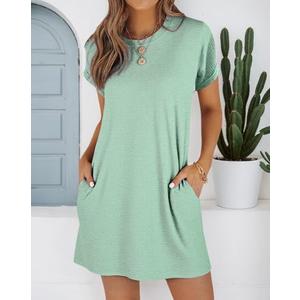 Women's T Shirt Mini Dress Short Sleeve Casual Beach Vacation Sundress with Pockets Light Green, Small