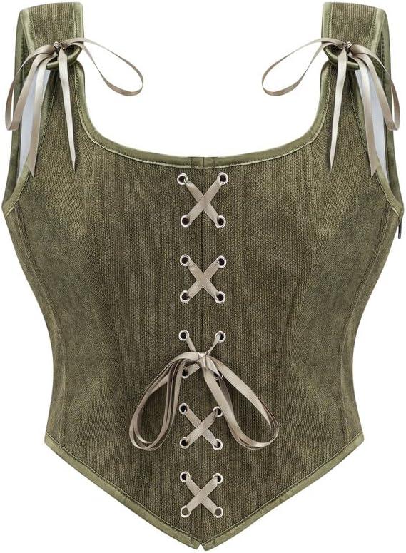 Dreay Womens Vintage Grommet Lace Up Tie Front Corset Bustier Shapewear Top Renaissance Corset Tops for Women (Green, S)
