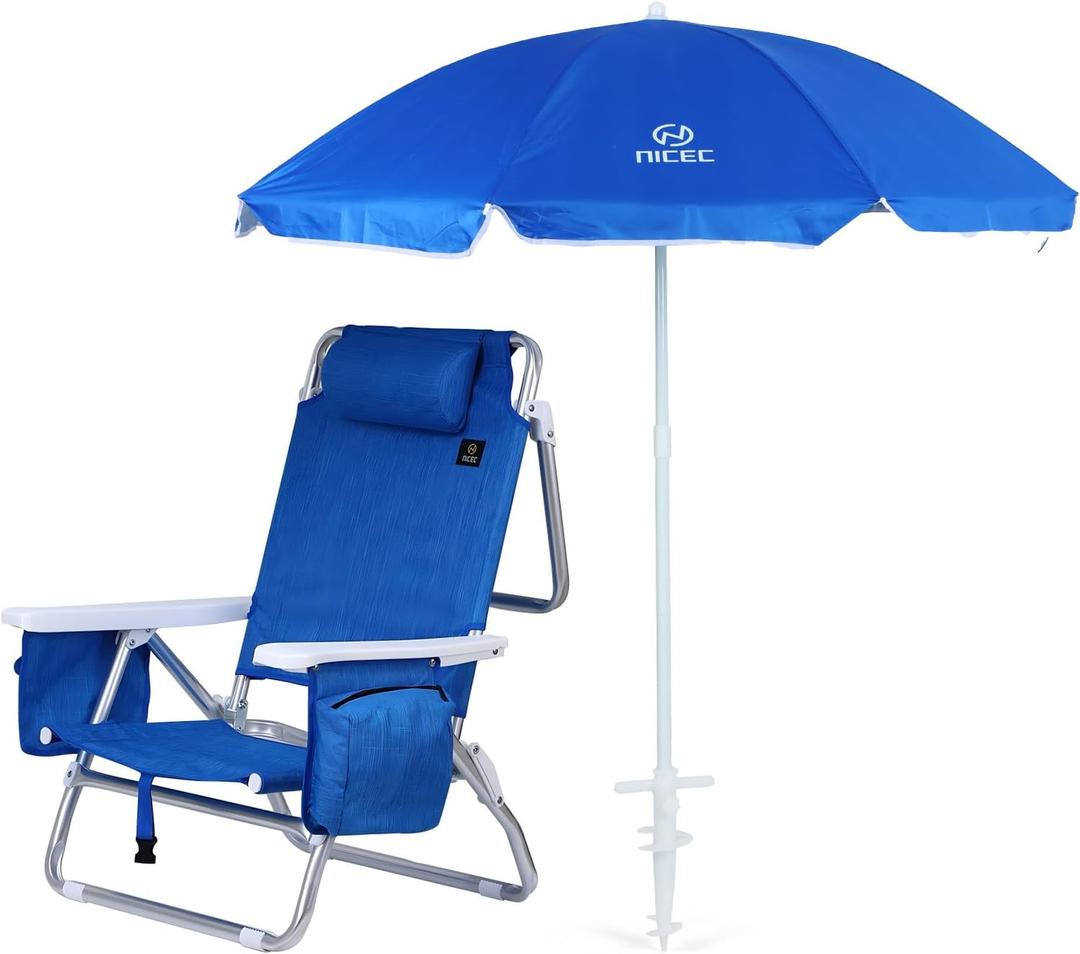 Nice C Blue Backpack Beach Chair with Cooler and Umbrella, 5 Position Reclining Beach Chair for Adults, with Cup Holder, Canopy Shade, Cooler Bag, for Outdoor, Camping, Travel, Picnic (Pack of 1)