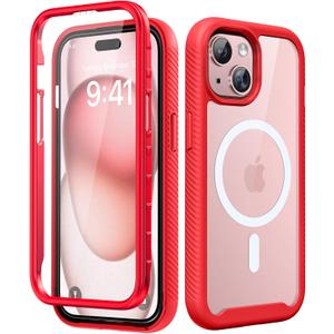 Magnetic for iPhone 15 Case with Built-in Sensitive Screen Protector, Full-Body Dual Front & Back Protective Phone Case [Compatible with MagSafe] Drop Proof 15 Cover 6.1 Inch, Red