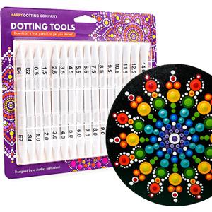 Happy Dotting Company Tools for Painting Mandalas - Patented 16pc Premium Double Ended - 28 Easy Read Sizes Plus Stylus & Ellipse Tools, Anti-Roll Grip for Rock Painting, Nail Art, Pottery and Canvas