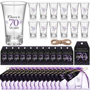Pickmesh 50 Sets Black Purple Birthday Party Favors for Guests Souvenir Multicolor 70 Years Old Gift Bulk Acrylic Clear 1.2oz Shot Glasses with Thank You Cards and Gift Bags