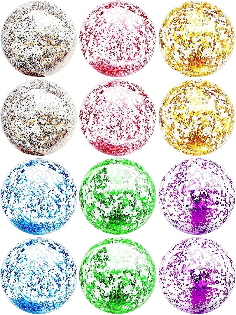12 Pack Inflatable Beach Balls Bulk - 16" Glitter Pool Toys Balls for Summer Beach Pool Party, Swimming Pool Game Water Beach Toys Party Favor Summer Luau Decoration Essential Blow Up Beach Ball (Multicolor)