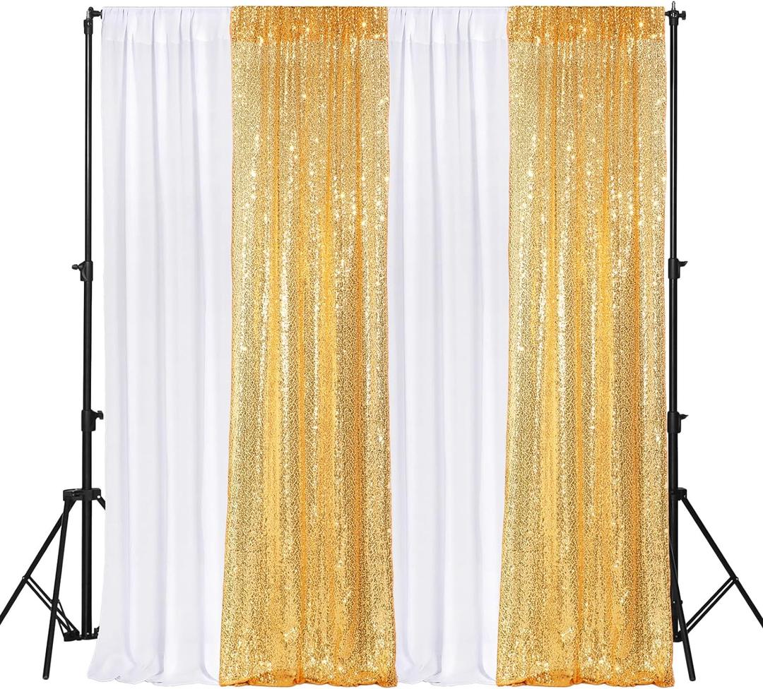 4 Panels Backdrop Curtains 2 Pcs 4 x 10 ft Sequin Glitter 2 Pcs 7 x 10 ft Chiffon Photo Background Curtains for Wedding Birthday Party Decorations(White, Gold)