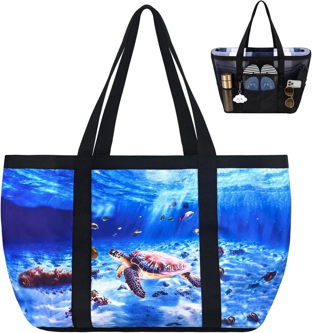Fomaris Mesh Beach Bag for Women, Sandproof Large Tote with Ocean Sea Turtle Print, Coastal Nautical Swim & Pool Bag, Travel Essentials for Family Cruise Vacation