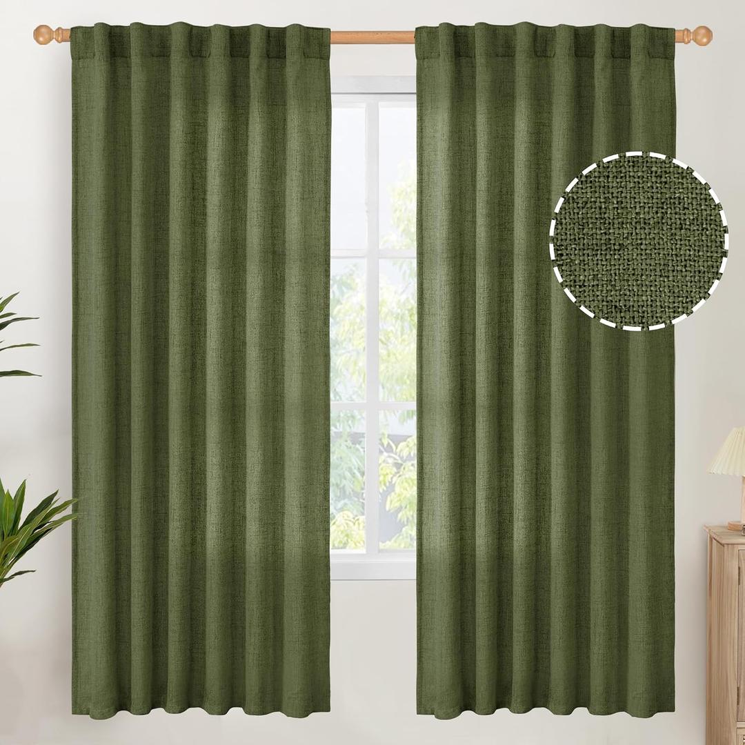 YoungsTex Olive Green Linen Semi Sheer Curtains 72 Inch Length for Living Room, Light Filtering Drape Rod Pocket Back Tab Window Treatment for Bedroom Dining, 2 Panels, 52 X 72 Inch