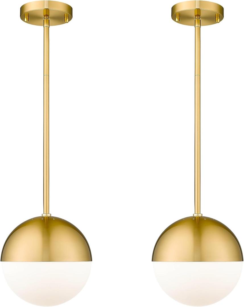 LMS 2-Pack Brushed Gold Pendant Lights, Modern Pendant Light with Milky Globe Glass Shade, Adjustable Hanging Lighting Rod for Kitchen Island Dining Room Bedroom, LMS-186BG2PK