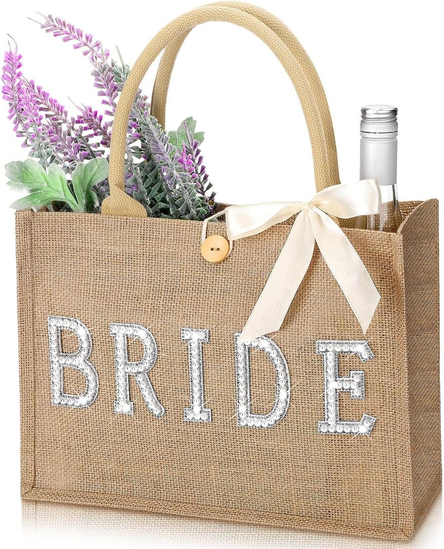 Silkfly Wedding Bride Bag Natural Jute Tote with Ribbon Bride Gift Bag with Handle for Shower(Silver Edges,Bride)