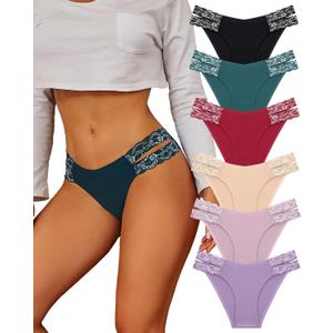 FINETOO Seamless Underwear for Women Cheeky Bikini Panties High Cut V-waist Lace Underwear Women Cute Bikinis 6 Pack M