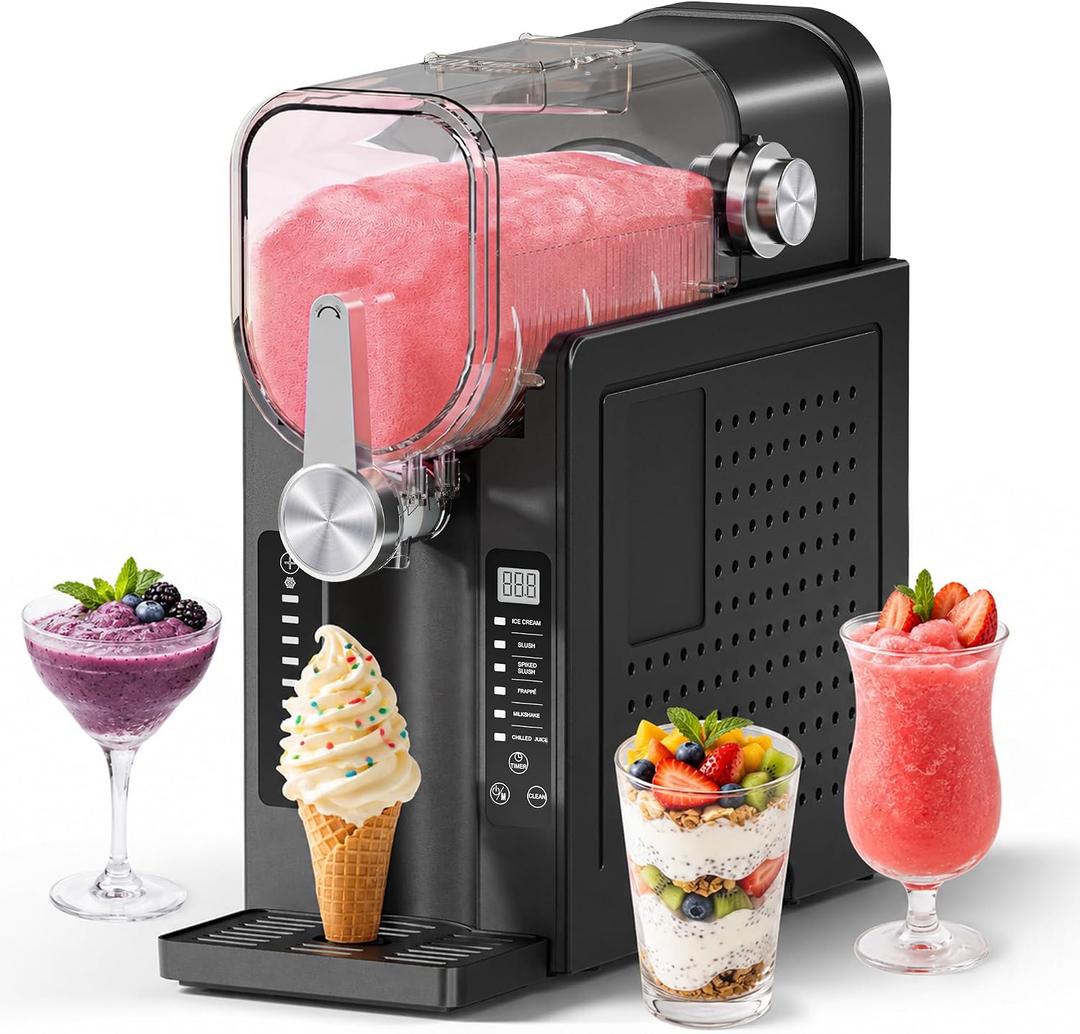 Slushie Machine, No Ice Needed Slushy Maker for Home, Real-Time Temp Display, Frozen Drink Maker with 6 Preset Programs for Ice Cream, Frapps, Milk Shake and More, Black, 1 Pack+3Modes