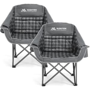 Huskfirm 2 Pack Camping Chairs Oversized Padded Camping Chair Heavy-Duty Foldable Camping Chairs with Cup Holder and Cooler Bag Portable Lawn Chair for Sports Outdoors-Support 450LBS, Grey