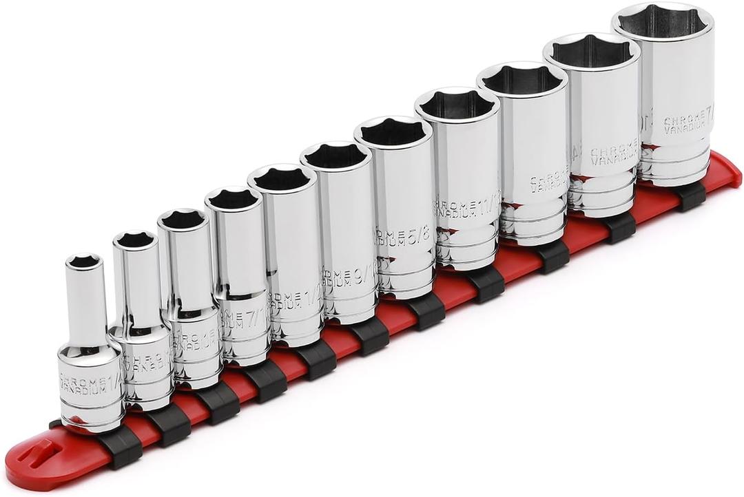 CASOMAN 11PCS 3/8" Drive 6 Pt. Mid-Length Socket Set, SAE, Mirror Chrome Finish, 1/4", 5/16", 3/8", 7/16", 1/2", 9/16", 5/8", 11/16", 3/4", 13/16", 7/8"
