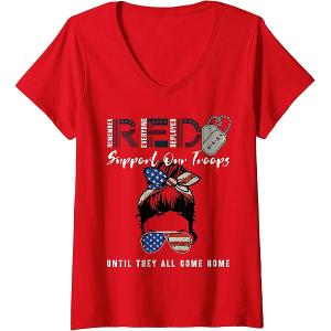 Womens On Friday We Wear Red Friday Military Support troops US Flag V-Neck T-Shirt M