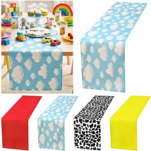Potchen 4 Pcs Cartoon Table Runner 13 x 72 Inch Blue Sky White Cloud Cow Print Red and Yellow Table Runner Party Supplies Decor for Baby Shower Boy Girl Birthday Party Decorations