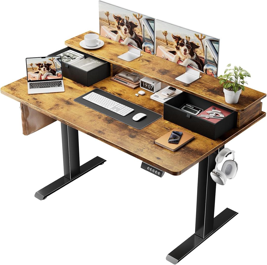 Veken 47x28 in Electric Standing Desk with Drawers, Adjustable Table, Brown, 47.2×28 Inch