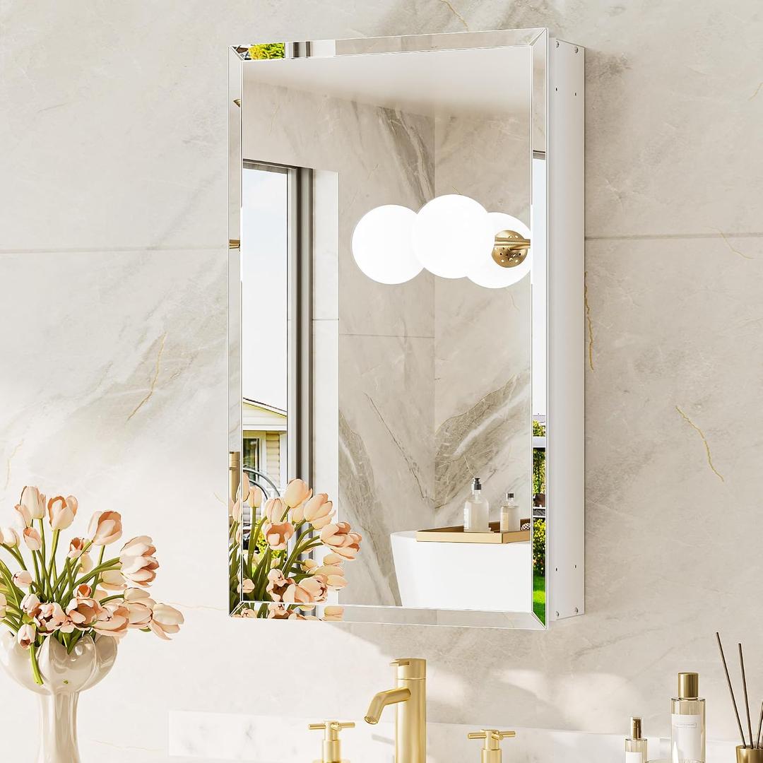 TokeShimi 15 x 26 Recessed Medicine Cabinet with Tempered Beveled Mirror, Assembly Required, White Medicine Cabinet for Bathroom, Stepless Adjustable Shelves, DTC Hinge