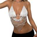 SweatyRocks Women's Glitter Rhinestone Criss Cross Halter Tops Backless Sleeveless Asymmetrical Party Crop Tops, White, X-Small