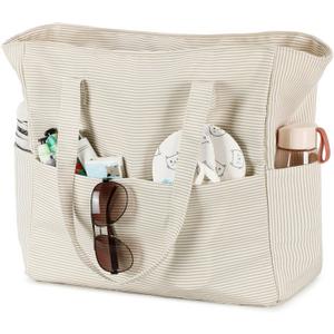 Waterproof Beach Tote Pool Bags for Women Ladies Extra Large Gym Tote Carry On Bag With Wet Compartment for Weekender Travel (S Khaki Stripes)