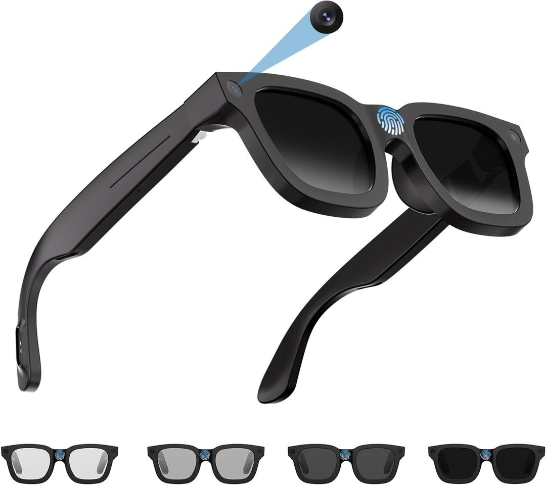 AI Smart Glasses with Camera, 1080P Video Recording Glasses, 8MP Camera Glasses, Real Time Translation, ChatGPT AI Voice Assistant, Open-Ear Audio,4-level electrochromic sunglasses for Men Women