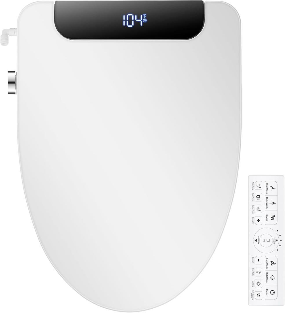 Electric Bidet Toilet Seat, Elongated, Warm Water with Air Dryer, Heated Seat and Slow Close Lid, Adjustable Water Temperature, Front and Rear Wash, LED Nightlight, Wireless Remote, 102
