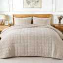 GOONE Reversible Greek Velvet Quilt Set King Size 108"x98" Sand Shell | Lightweight Velvet Comforter with Subtle Sheen, Oversized Bedspread Coverlet, Quilted Bedding Set for All Season with 2 Shams