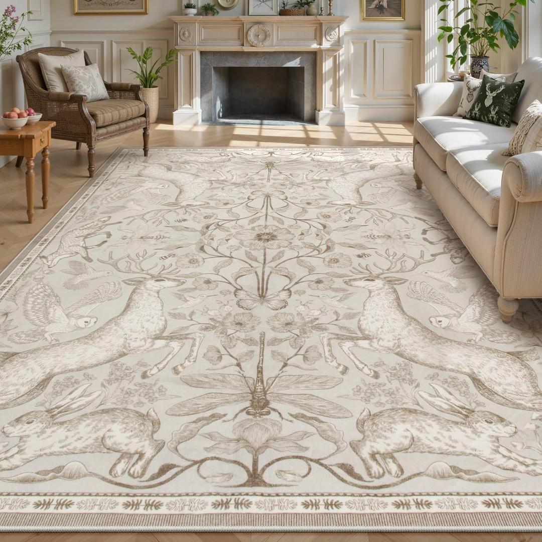 Lahome Boho Animal Washable Rugs for Living Room 8x10, Beige Soft Rugs for Bedroom, Botanical Large Boho Non Slip Dining Room Carpet for Under Table Office Kids Playroom (8x10ft,Beige)