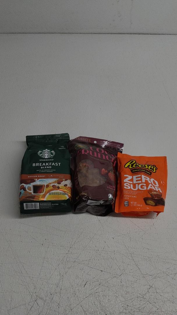 Starbucks Breakfast Blend Medium Roast 18oz 02/02/2026, Nature's Path Organic Love Crunch 11.5oz 08/31/2025, Reese's Miniature Cups 5.1oz, Best By: 09/2025