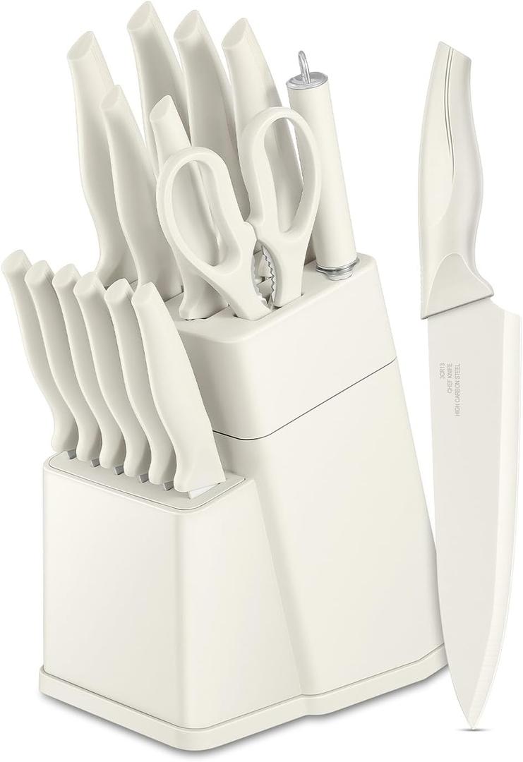 LIANYU Knife Set, 15 PCS Kitchen Knife Block Set with Sharpener, Premium Stainless Steel Chef Knives Set for Home, Paring Chopping Santoku Serrated Steak Knife, Sharp & Rust Resistant, Cream White
