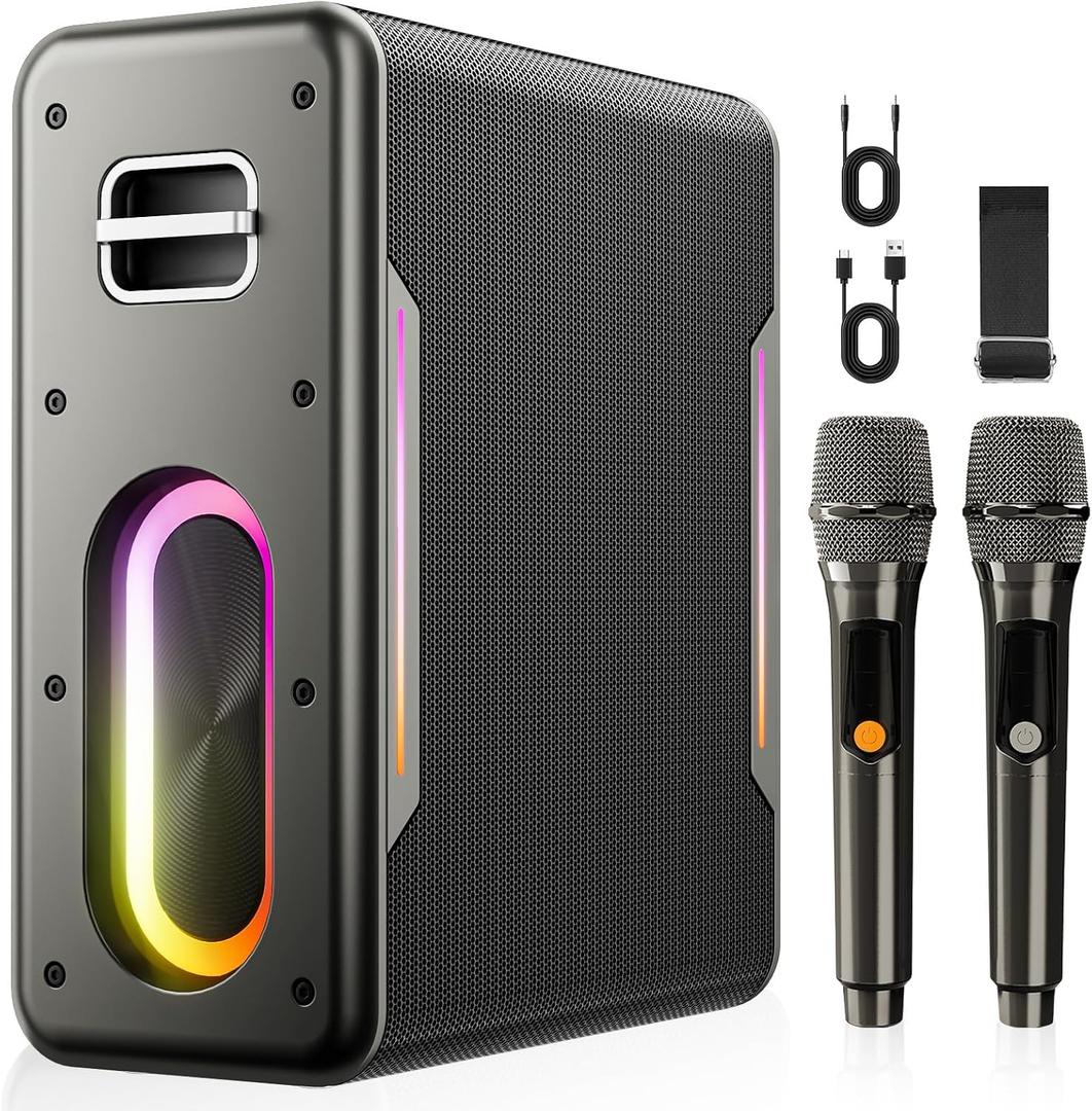 Karaoke Machine for Adults, Portable Bluetooth Karaoke Speaker with 2 Wireless Microphones, 2 Voice Mode & LED Party Lights, Home Party Birthday Gifts for Kids Family, Supports BT/TWS/AUX/USB/TF