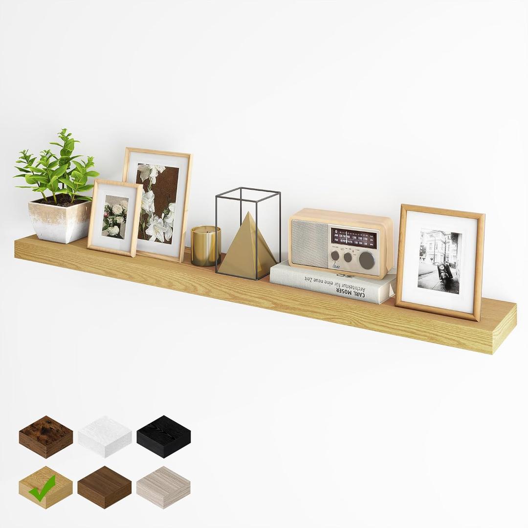 Fun Memories 55 Inch Fireplace Mantel - Long Floating Shelf, Wall Mounted Farmhouse Display with Invisible Heavy Duty Metal Bracket, Oak, 55"W x 6.5"D