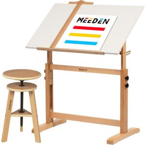 MEEDEN White Board Drafting Table and Stool Set, Height Adjustable Artist Wooden Stool and Craft Table, Tiltable Tabletop of Drawing Desk, Perfect for Writing, Artwork, Artists Studio