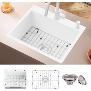 White 22x18In Kitchen And Bar Sink-Stainless Steel Drop In Single Bowl Topmount Kitchen&Bar Sink With SS Grid And Drain Assembly Clean&Bright White Bar Sink Enhance Aesthetic Appeal Of Modern Kitchen