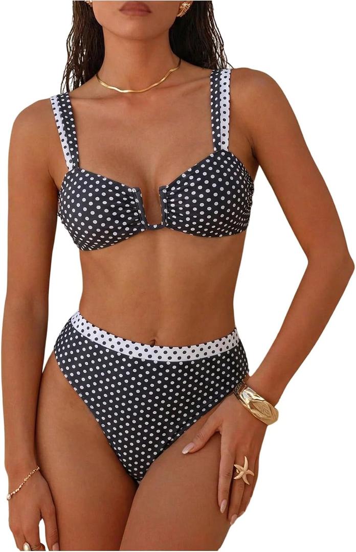 RoseSeek Women's 2 Piece Polka Dots Bikini Sets Color Block Trap Swimsuits Tie Back Tops and High Waisted Panties, Medium, Black and White