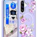 for Samsung Galaxy A36 5G Floral Phone Case with 2X Screen Protector, Military Grade Magnetic Translucent Matte Girls Women Flower Pattern Protective Cover for A36 5G (Light Purple)