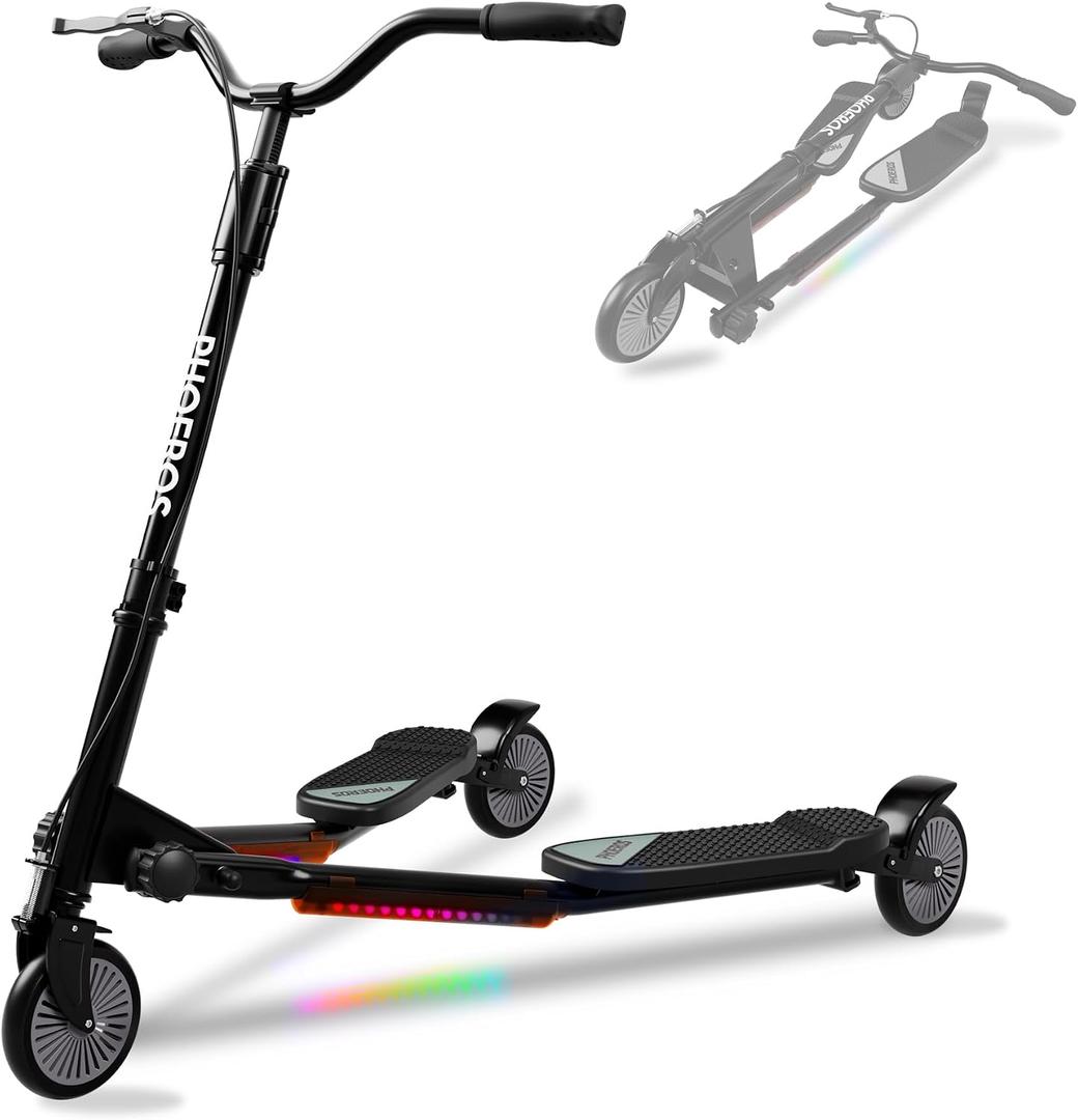 PHOEROS Upgraded Swing Wiggle Scooter, 3 Wheels Drifting Kick Scooter for Kids Ages 6-12, Teens & Adults, Youth Drifting Scooter with LED Light /7 Height Adjustable/Foldable Best Gift for Kids/Youth.
