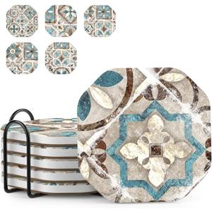 UMIRRO Drinks Coasters for Coffee Table Decor, Rustic Retro Boho Farmhouse Coasters, Absorbent Cup Mats for Wooden Table, Mandala Style, Unique Vintage Tile Design, Brown, 4", Set of 6