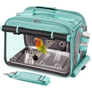 Suertree Bird Carrier Airline Approved, Bird Travel Cage with Indestructible Stainless Steel Mesh, Bird Travel Bag Lightweight and Portable with Water Bottle and Bowl (Green)