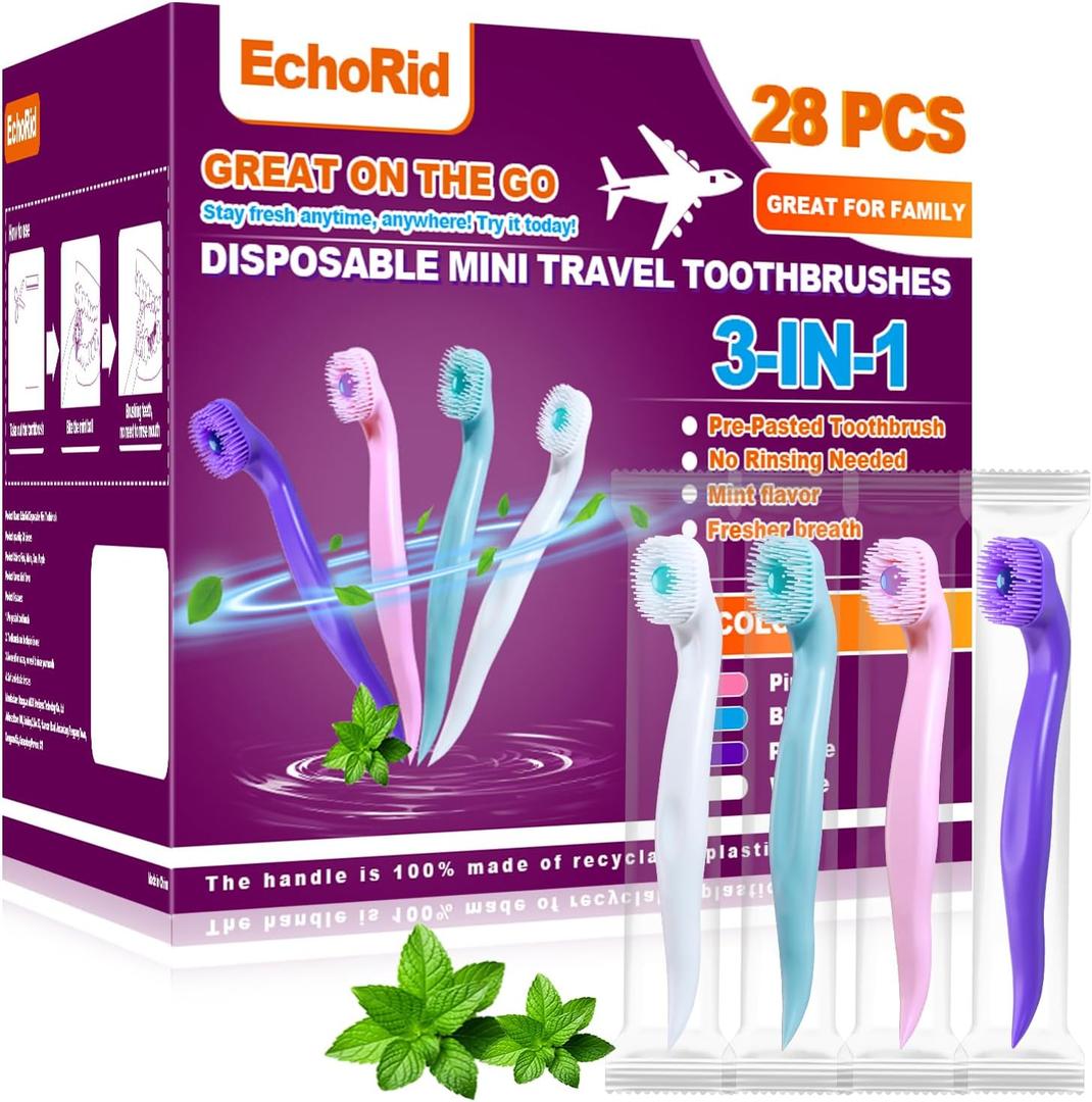 Mini Disposable Toothbrush, Pre-Pasted Toothbrushes with Toothpaste and Toothpick for Travel - Fluoride Free, No Rinsing Needed, Mint Flavor, Fresh Breath Anywhere Anytime - 28 Ct