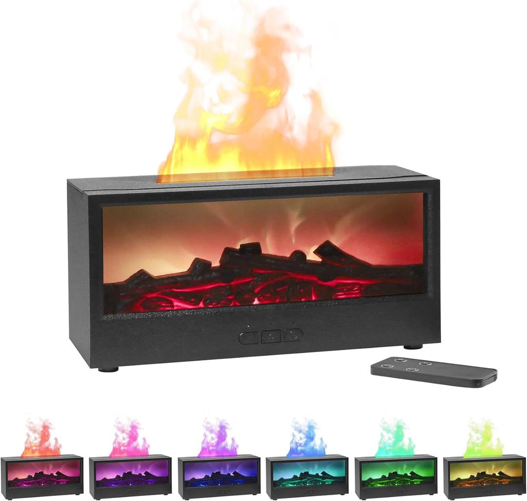 Essential Oil Air Diffuser Flame Colorful Water Vapor Fireplace Fire Humidifier for Aromatherapy Aroma Therapy Cordless Machine Room Bedroom,Battery Operated,[Timer and Auto Off Protection] (717black)