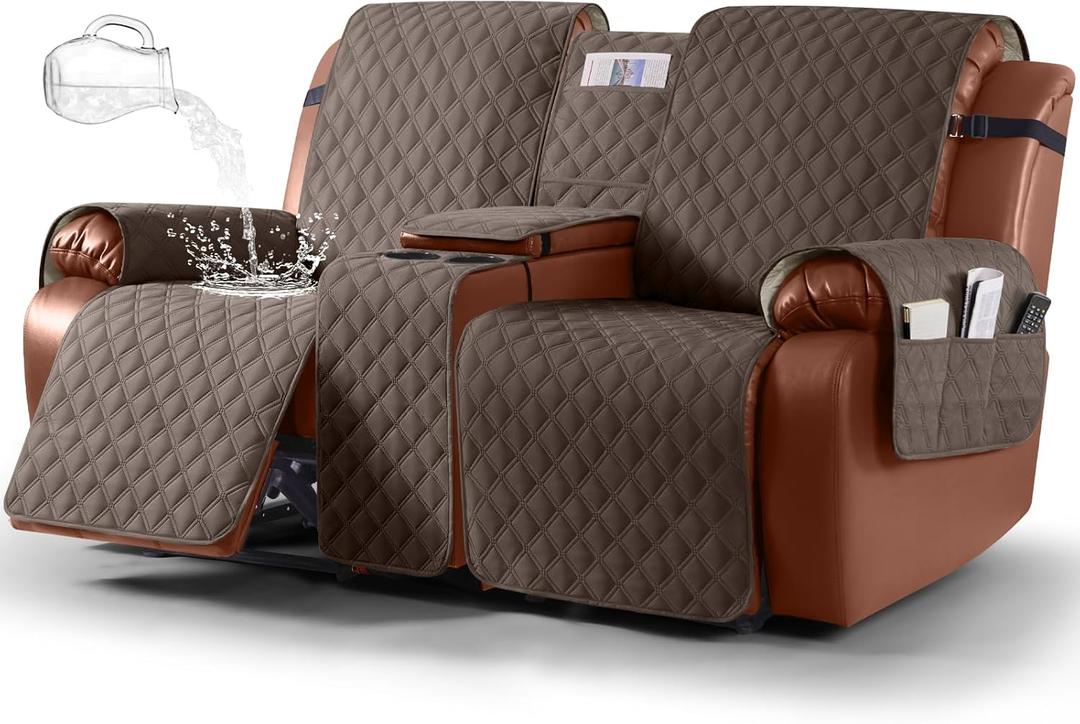 Ruaozz Waterproof Loveseat Recliner Cover with Console Non-Slip Reclining Couch Covers Split Sofa Slipcovers with Elastic Straps Furniture Protector for Kids, Dogs, Pets(Brown, 2 Seater)