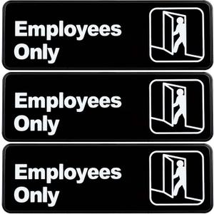 Excello Global Products Employees Only Sign: Easy to Mount Informative Plastic Sign with Symbols 9"x3", Pack of 3 (Black)