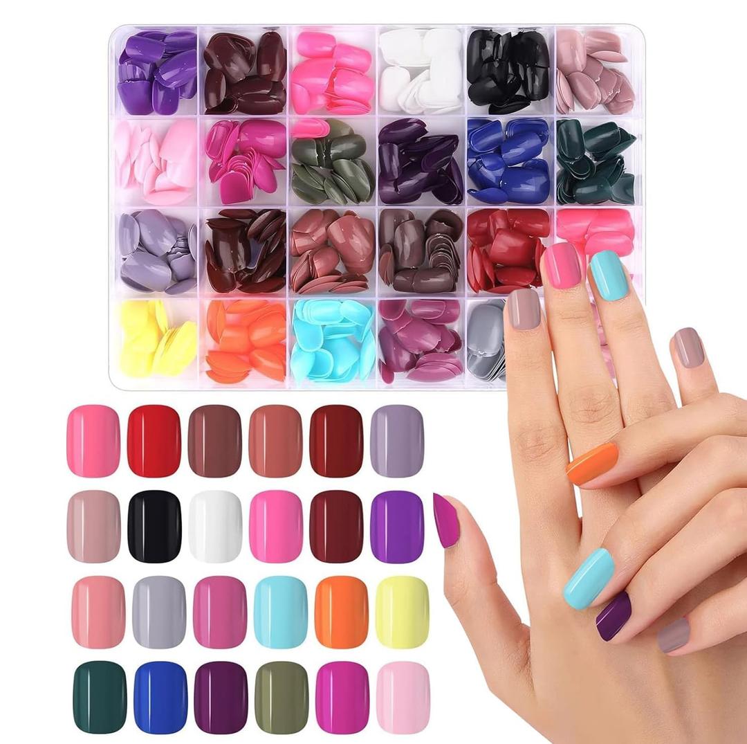EBANKU 576 PCS Short False Nails Round, 24 Colors Fake Nail Full Cover Artificial Acrylic Nails Tips Press on Nails for Women Girls DIY Nail Art Design