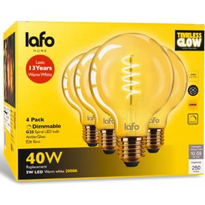 TimelessGlow 4 Pack Dimmable G25 LED Filament Bulb 5W 40W Equivalent Warm Amber 2000K E26 Base CRI80 Amber Glass Spiral Filament ETL FCC Certified Flicker Free Decorative Lighting