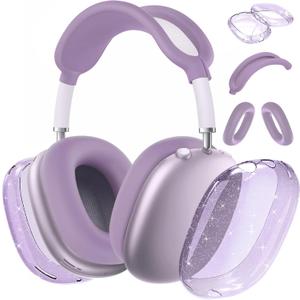 for AirPods Max case Cover,Anti-Scratch Ear Pad Case Cover/Ear Cups Cover/Headband Cover for AirPods Max. Clear Soft TPU and Silicone,Skin Scratch Proof. (3 in 1 Silicone & TPU, 3PC-Glitter Purple)