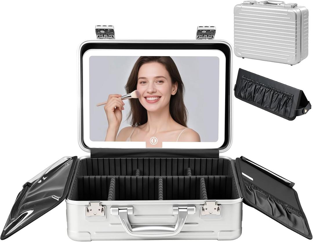 BEAUTY CASE Makeup Case with LED Mirror, 16 inch PC and Aluminum Shockproof Hard Shell Cosmetic Organizer Case, Portable Travel Vanity Box with Brush Board, Combination Lock, Silver