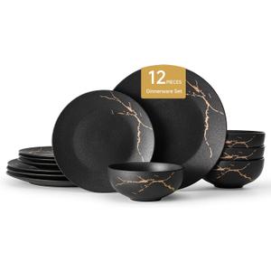 12-Piece Matte Crackle Dinnerware Set, Black and Gold