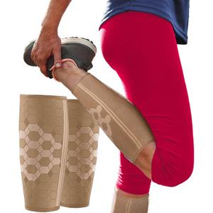 Sparthos Calf Compression Sleeves (Pair) Leg Compression Socks for Men and Women for Shin Splint, Pain Relief, Calves Blood Circulation, Sports Support, Running Walking Cycling Yoga (Beige-S)
