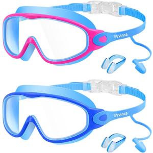 Vvinca Swim Goggles, Kids Goggles with Earplugs& Nose Clip Wide View Anti-Fog/UV Swimming Goggles for Age 3-15 Boys Girls